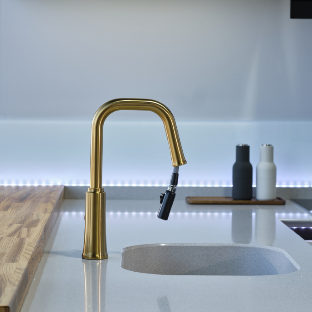 Photo of the Riobel Trattoria Square Single Lever Kitchen Mixer in Brushed Gold