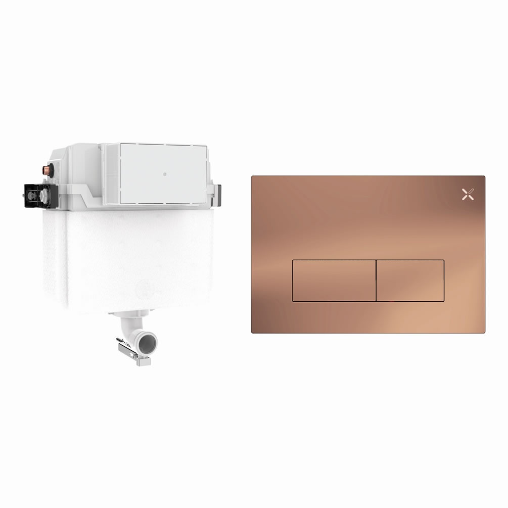 Cutout image of Crosswater 460mm Concealed Back-to-Wall Cistern & MPRO Stainless Steel Brushed Bronze Dual Flush Plate