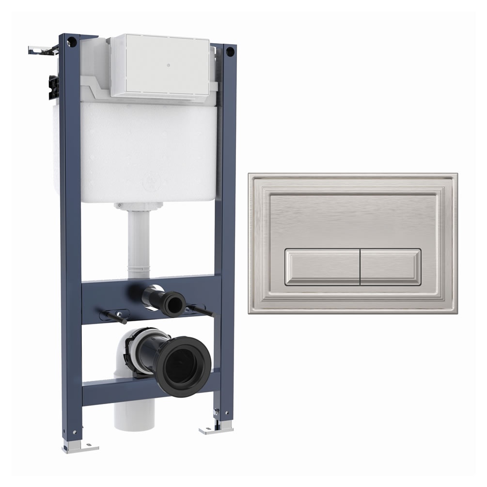 Cutout image of Crosswater 980mm Wall-Hung Cistern Frame & Belgravia Brushed Nickel Dual Flush Plate