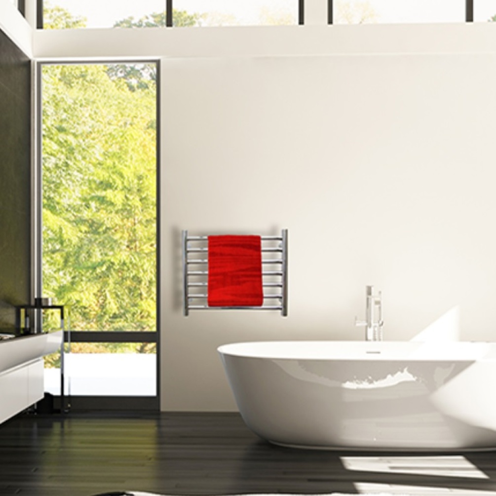 Product lifestyle image of The Sussex Range by JIS Buxted Towel Rail Polished Stainless Steel on light bathroom wall with red towel BUXTED-P