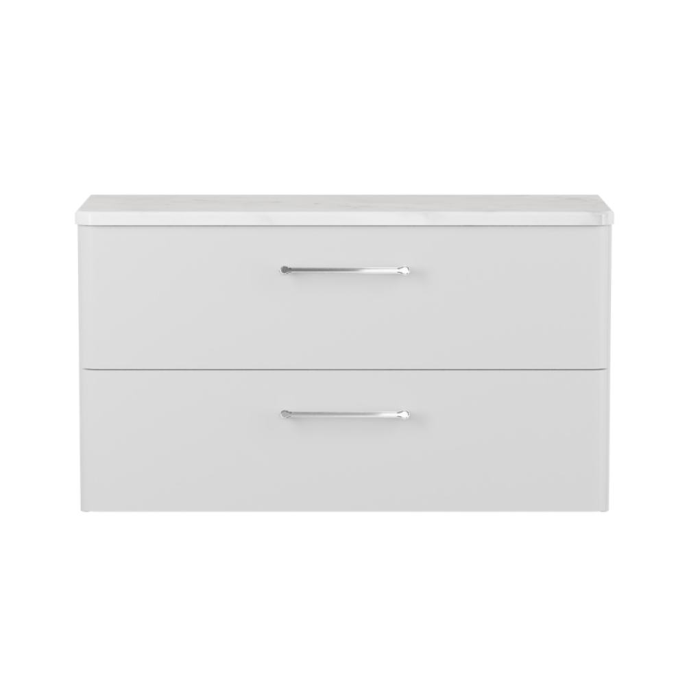 Product cut out photo of Britton Bathrooms Camberwell 1000mm Frosted White Wall Hung Vanity Unit with Chrome Handles C100DDW Front Angle