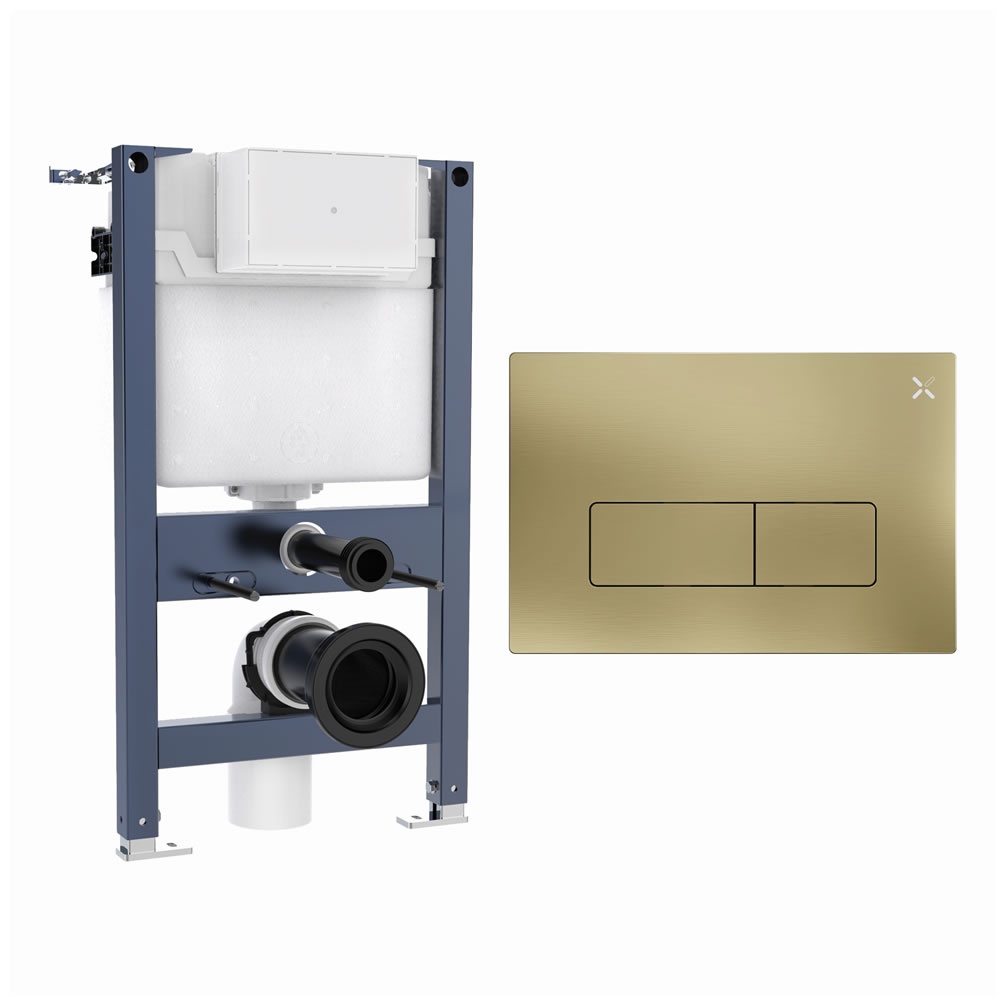 Cutout image of Crosswater 820mm Wall-Hung Cistern Frame & MPRO Brushed Brass Dual Flush Plate