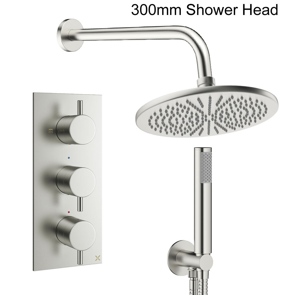 Cutout image of Crosswater Design Brushed Nickel Dual Outlet Three Handle Rainfall Shower Set 300mm head