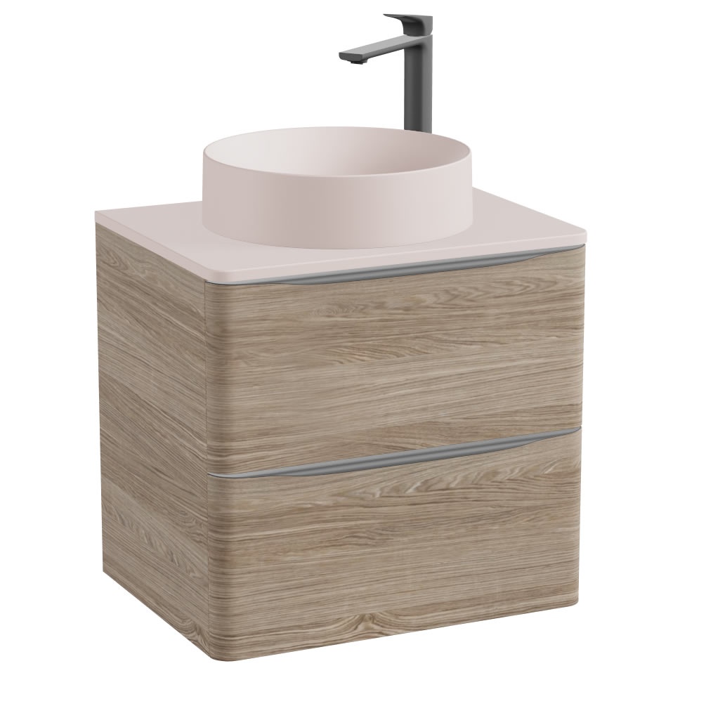 Vado Cameo 600mm Natural Oak Wall Hung Vanity Unit, Pink Clay Worktop & Basin