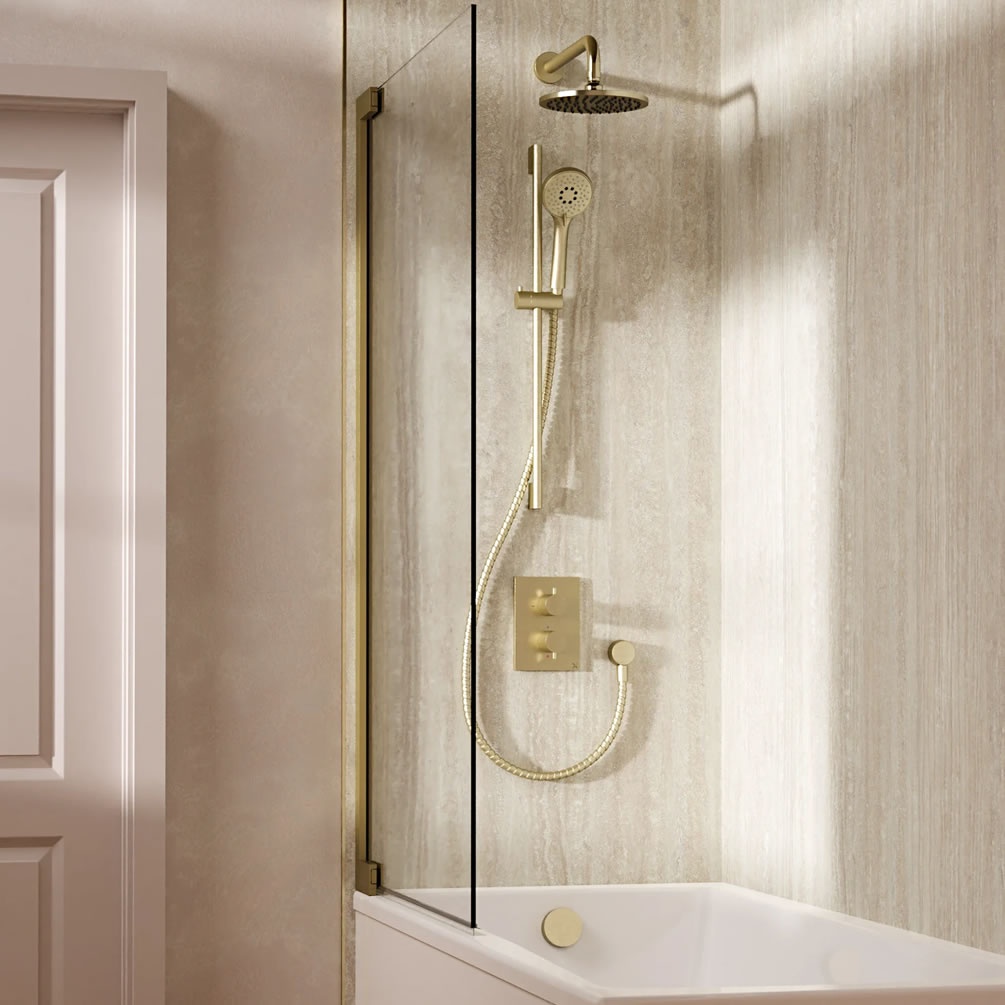 Lifestyle image of Crosswater Crossbox Brushed Brass Triple Outlet Slide Rail Shower Bath Set