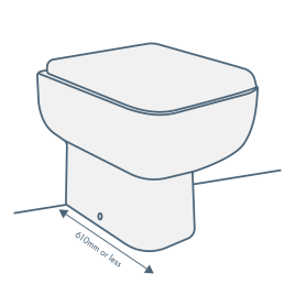 iconography image of a short projection back to wall toilet. The toilet sits fully flush to wall while it has text saying 510mm or less depicting short projection sized