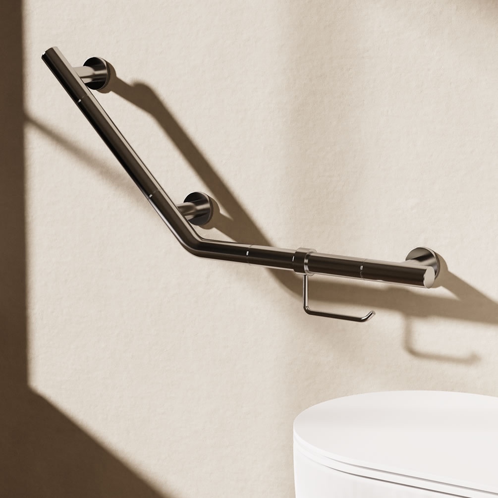 Lifestyle image of Crosswater Chrome Angled Grab Bar & Toilet Roll Holder