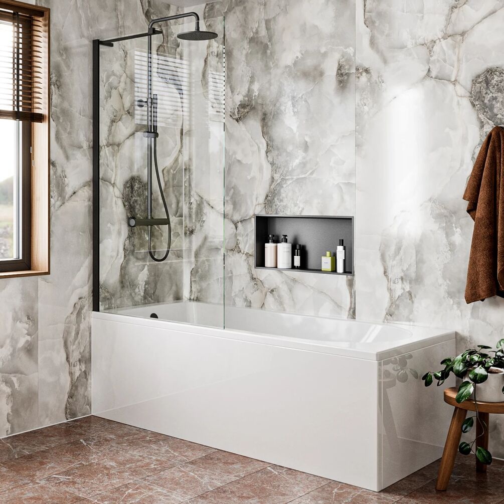 Lifestyle image of Crosswater Clear 6 Matt Black Fixed Bath Screen