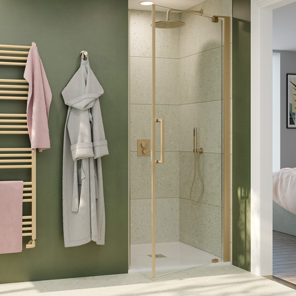 Lifestyle Photo of Crosswater Optix 10 Brushed Brass Pivot Shower Door