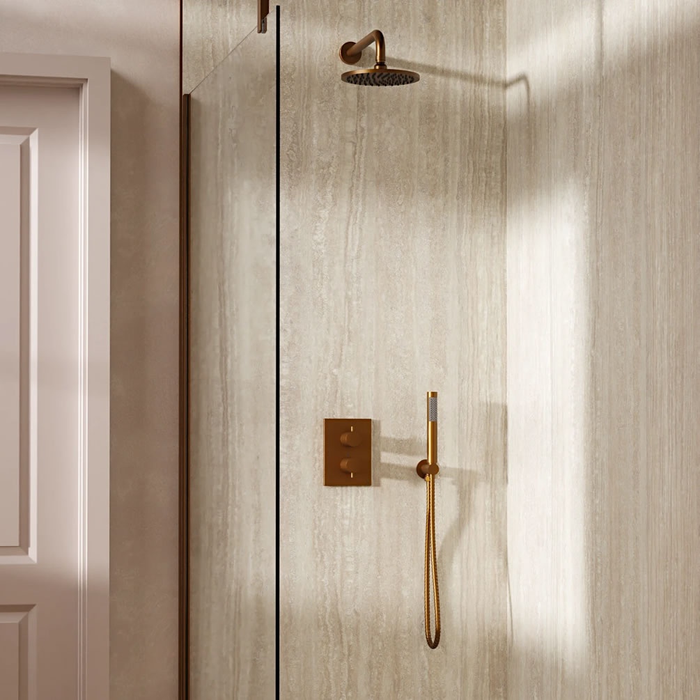 Lifestyle image of Crosswater Crossbox Brushed Bronze Dual Outlet Rainfall Shower Set