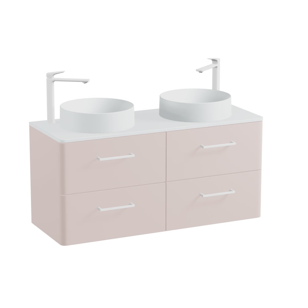 Vado Cameo 1200mm Pink Clay Wall Hung 4 Drawer Vanity Unit, Arctic Worktop & Basins