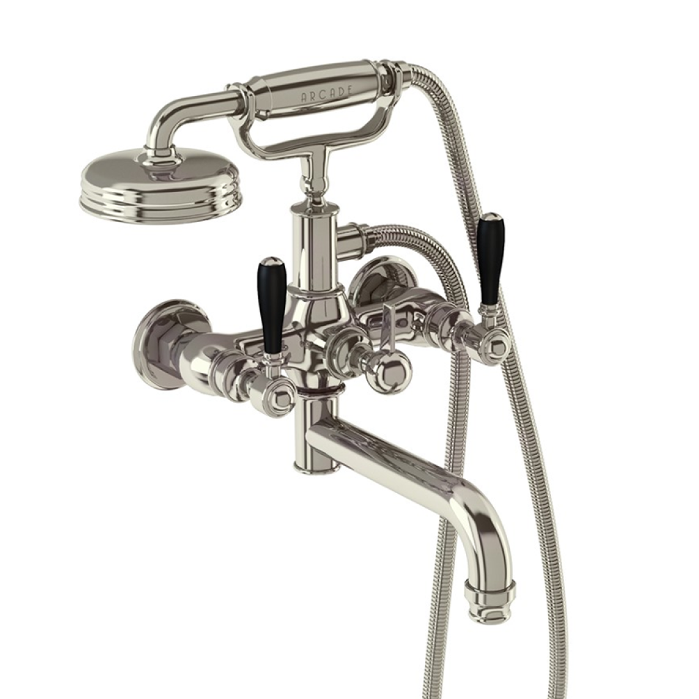 Photo of Arcade Nickel Wall Mounted Bath Shower Mixer with Black Levers