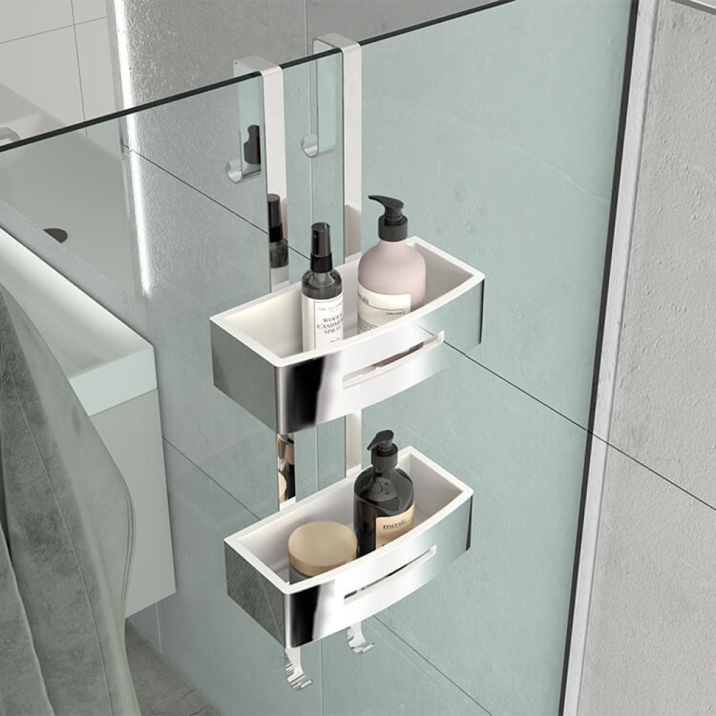 Lifestyle image of Origins Living Gedy Poseidon Rectangular Double Hanging Basket mounted on glass shower screen.