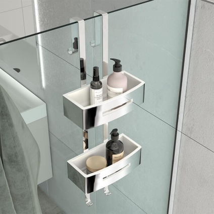 Lifestyle image of Origins Living Gedy Poseidon Rectangular Double Hanging Basket mounted on glass shower screen.