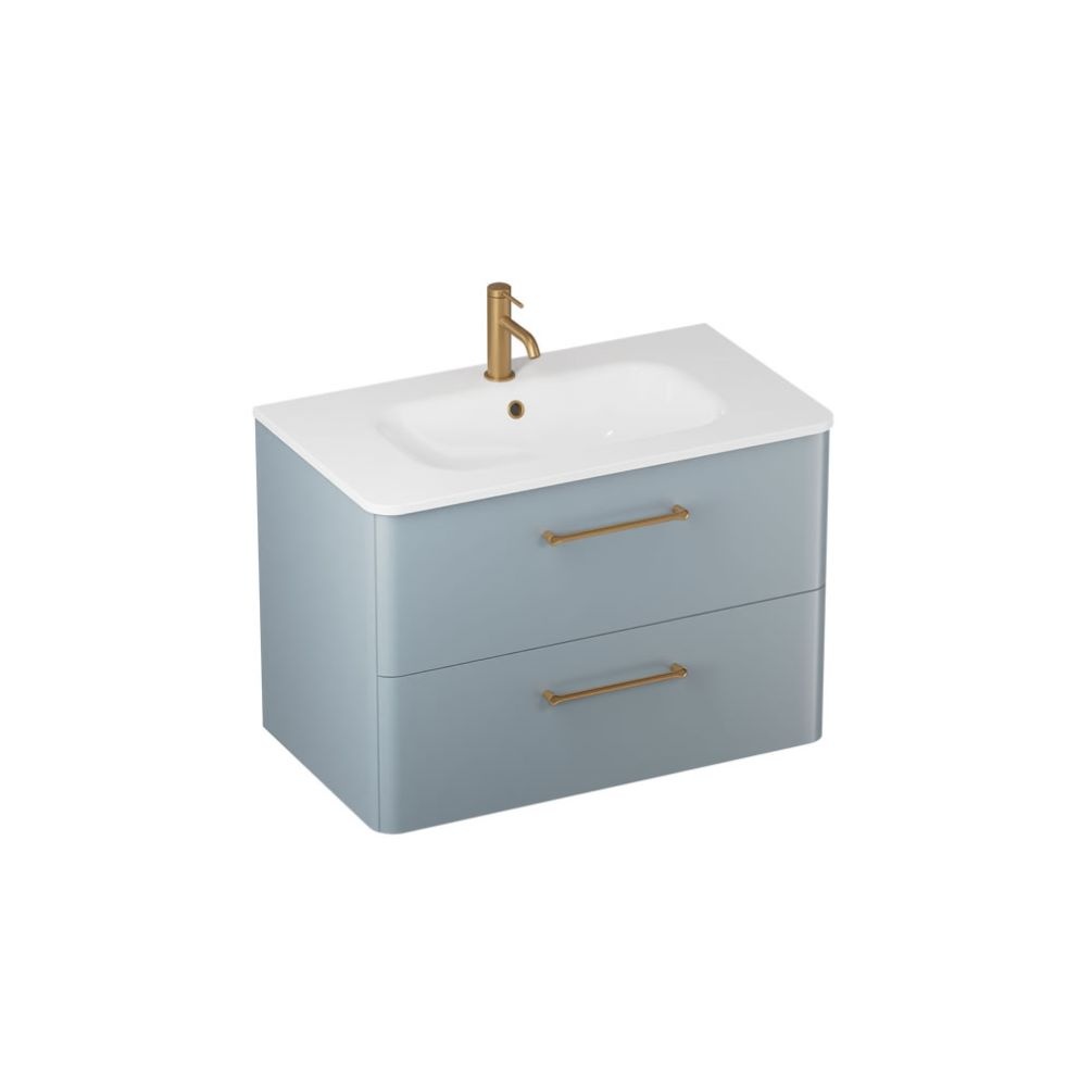 Image of Britton Camberwell 800mm double-drawer unit with basin in dusty Blue with brushed brass  handles