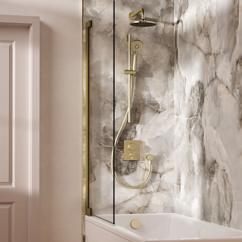 Lifestyle image of Crosswater Crossbox Push Brushed Brass Triple Outlet Slide Rail Shower Bath Set