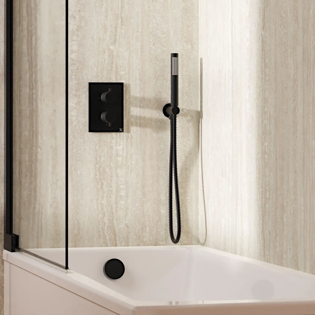 Lifestyle image of Crosswater Crossbox Matt Black Dual Outlet Bath Filler Set