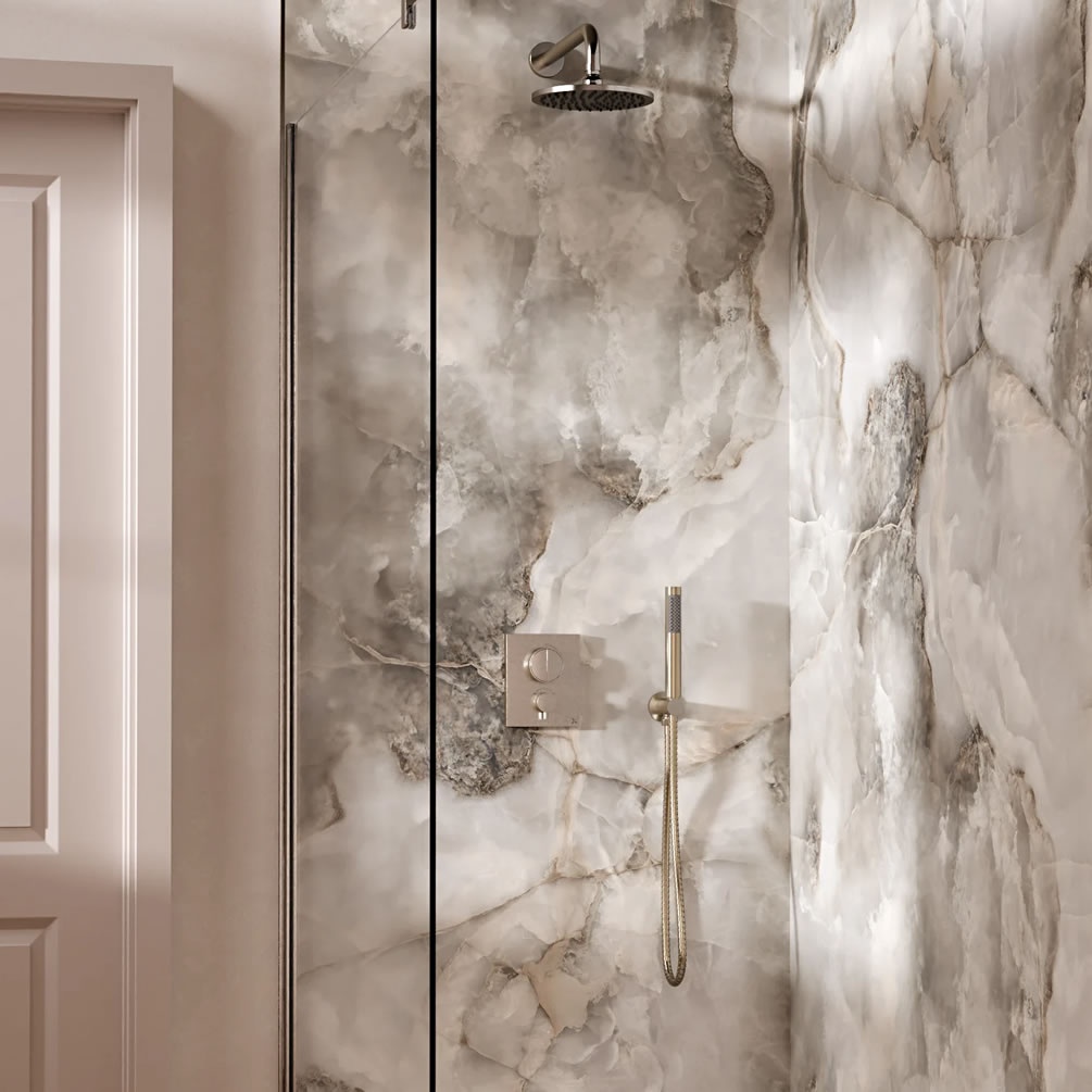 Lifestyle image of Crosswater Crossbox Push Brushed Nickel Dual Outlet Rainfall Shower Set