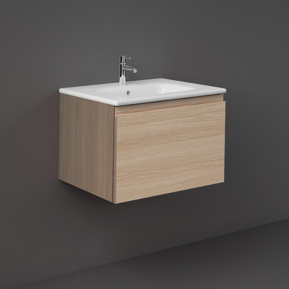 Product cut out image of RAK Ceramics Joy Uno 610mm Wall Hung Vanity Unit and Basin Scandinavian Oak UNOWH060SOK