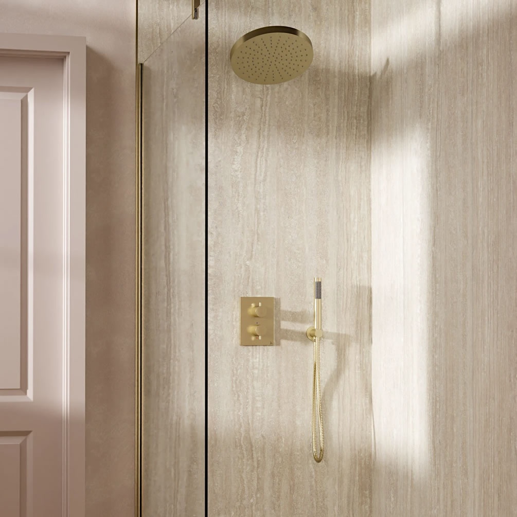 Lifestyle image of Crosswater Crossbox Brushed Brass Dual Outlet Fixed Shower Set