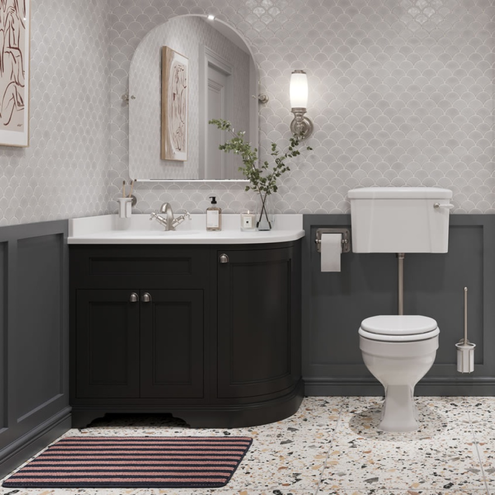 Burlington Matt Black 980mm Left Hand Curved Vanity Unit & Minerva Worktop - Lifestyle Image