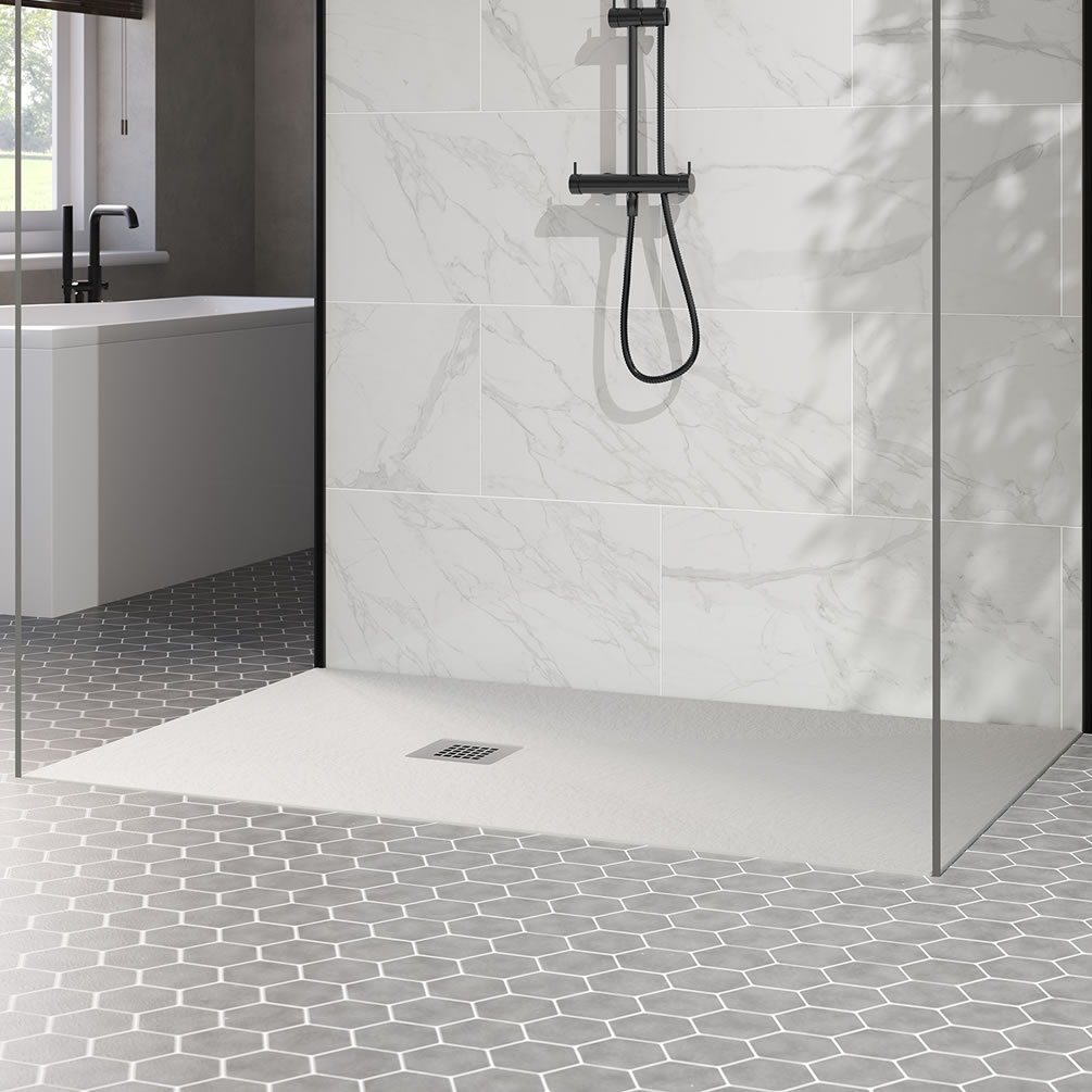 Lifestyle image of Just Trays Naturals Flamborough White 1700mm x 900mm Stone Resin Shower Tray
