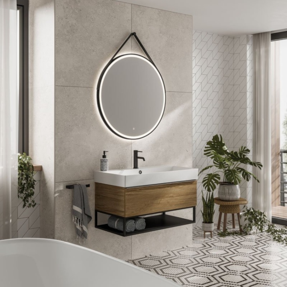 Product Lifestyle image of the HIB Solstice Black 800mm Circular LED Mirror with Strap