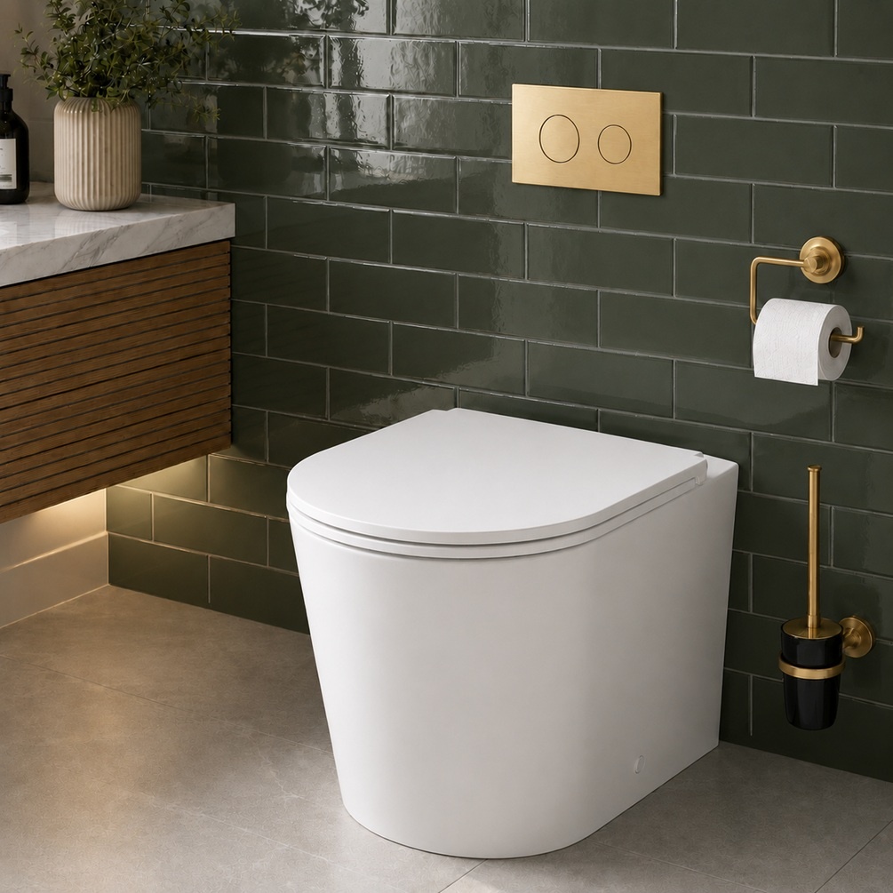 vado cameo round back to wall toilet matt white toilet in green metro brick bathroom with axbridge accessories