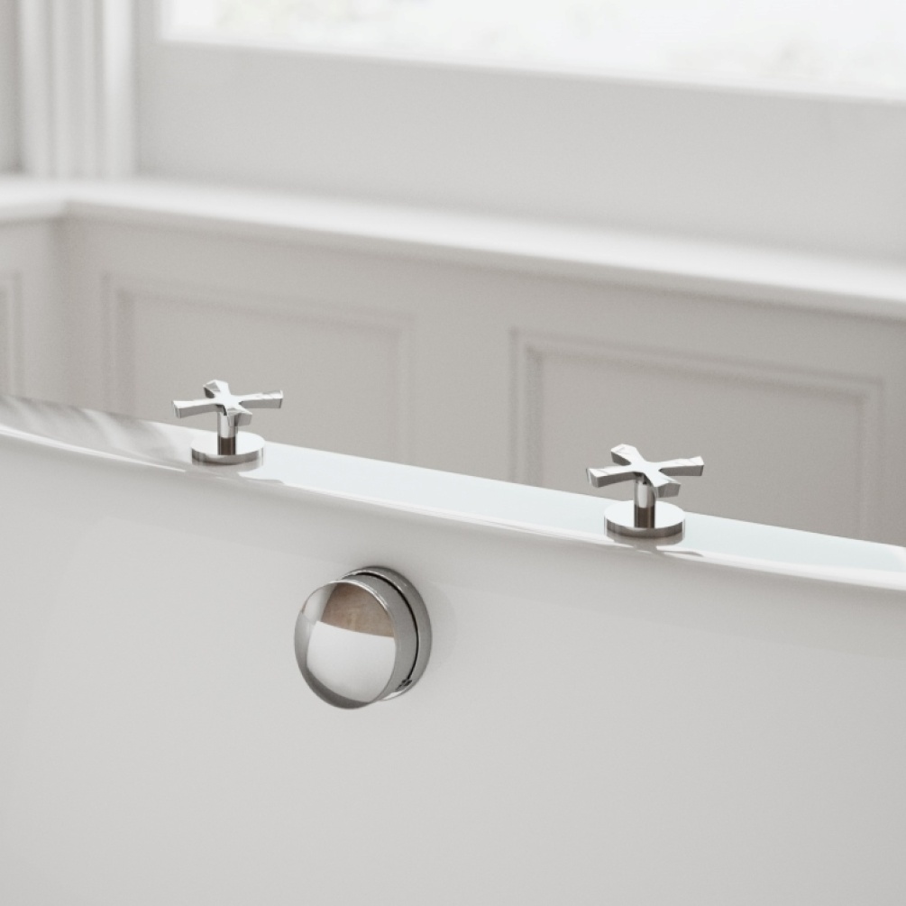 Lifestyle image close-up of Burlington Riviera Chrome Bath Filler with Click Clack Waste on bathtub