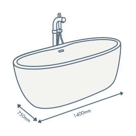 iconography image of a bathtub with 1400mm length text and 750mm width text illustrating this sized bath