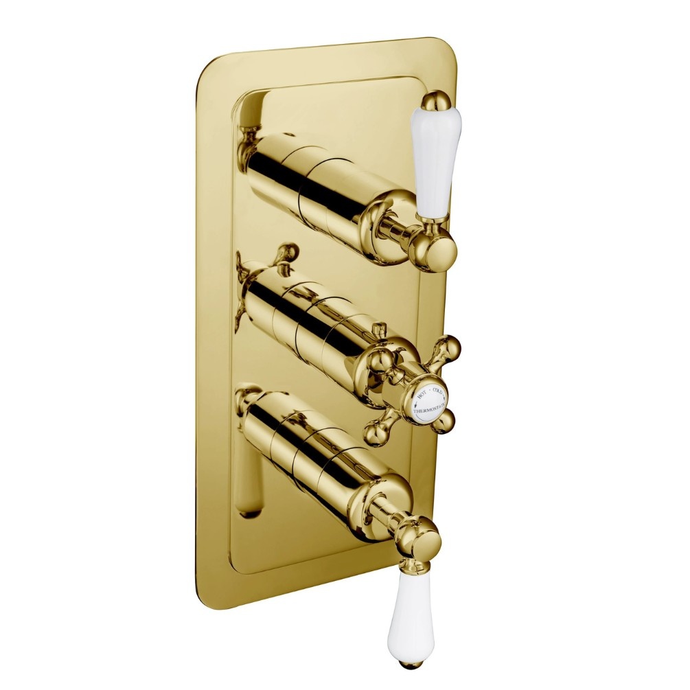 JTP Grosvenor Lever Polished Gold 2 Outlet 3 Handle Concealed Shower Valve Cut Out