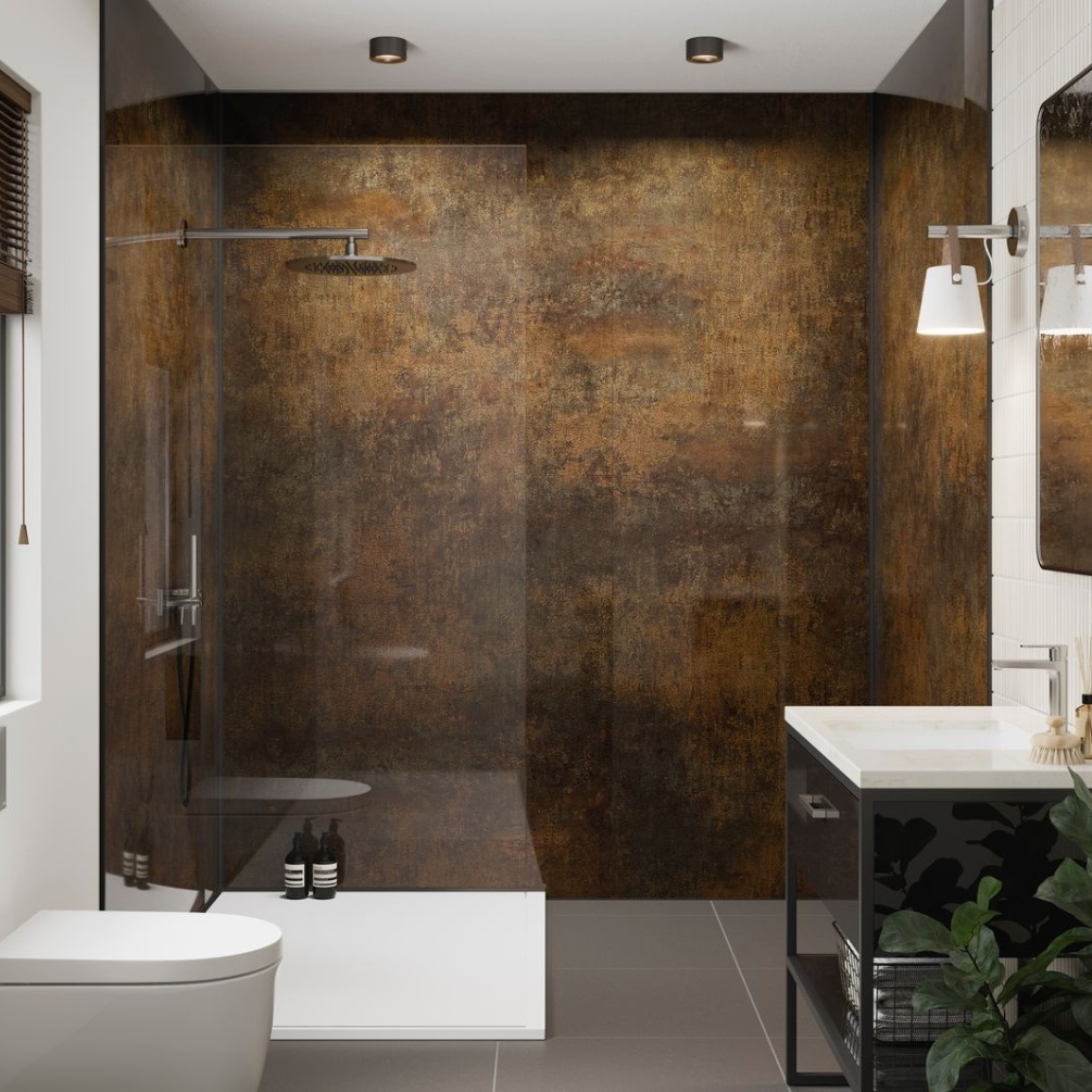 Lifestyle image of the Showerwall Laminate Urban Gloss 2440mm x 900mm Square Cut MDF Wall Panel - SW36 installed in an open-ended shower enclosure