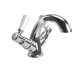 image of a burlington kensington basin mono tap with curved spout and white ceramic lever handles