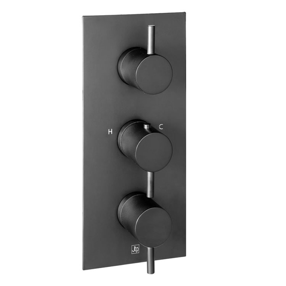 Product Cut out image of the JTP Vos Matt Black Dual Outlet Portrait Shower Valve with Designer Knurled Handles