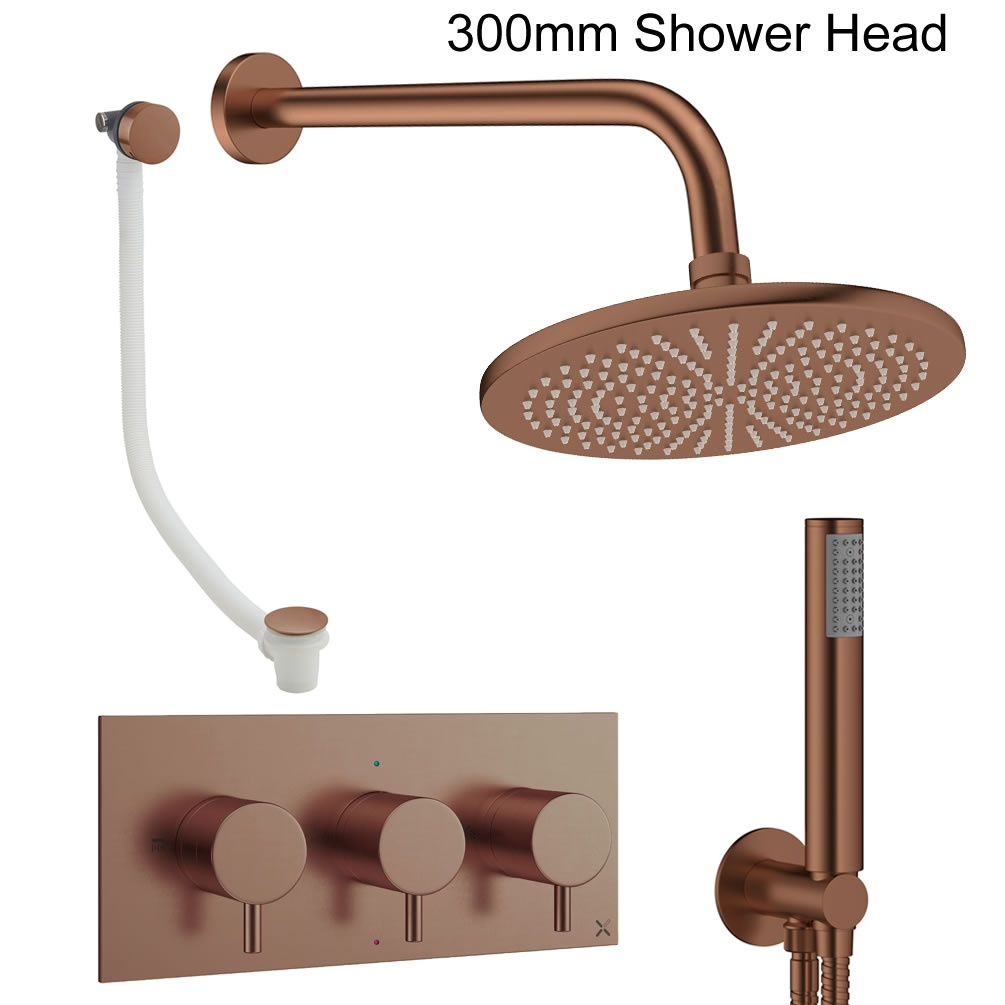 Cutout image of Crosswater Design Brushed Bronze Three Outlet Shower Bath Set 300mm head