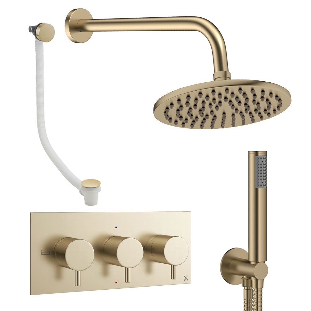 Cutout image of Crosswater Design Brushed Brass Three Outlet Shower Bath Set