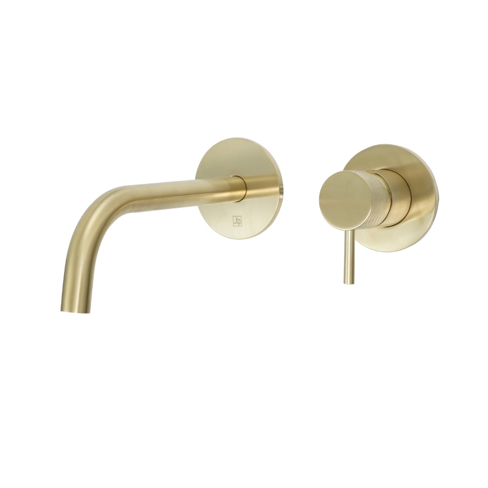 Product Cut out image of the JTP Vos Brushed Brass Wall Mounted Slim Basin Mixer with Designer Knurled Handles