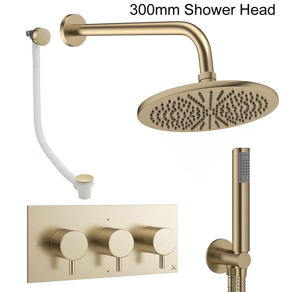 Cutout image of Crosswater Design Brushed Brass Three Outlet Shower Bath Set 300mm head