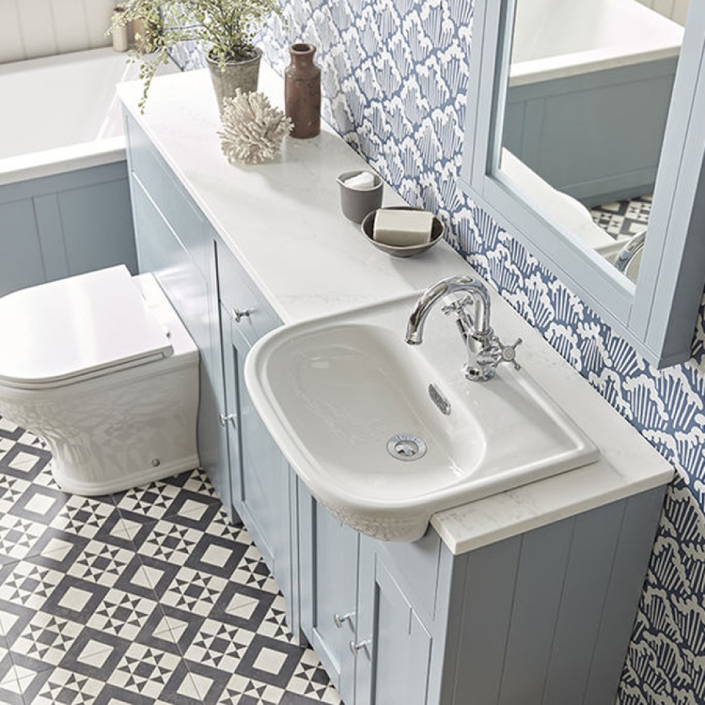 Lifestyle image of the Tavistock Lansdown 490mm Slim Depth Semi-Countertop Basin installed in a toilet & basin vanity unity