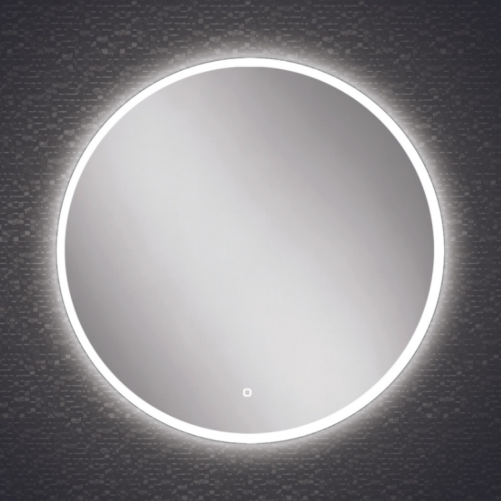 Close up product image of the HIB Sphere 800mm Round LED Bathroom Mirror emitting cool white light