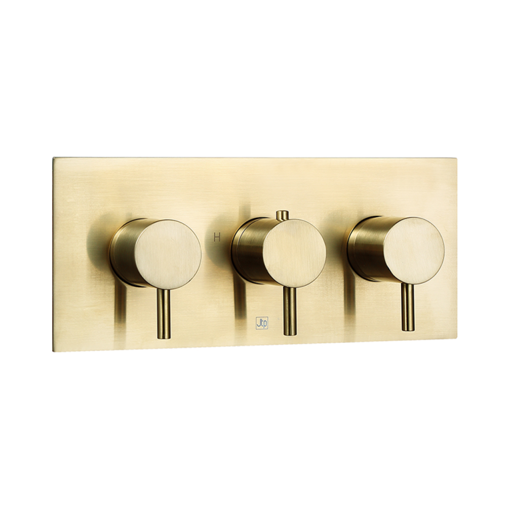 Product Cut out image of the JTP Vos Brushed Brass Triple Outlet Landscape Shower Valve