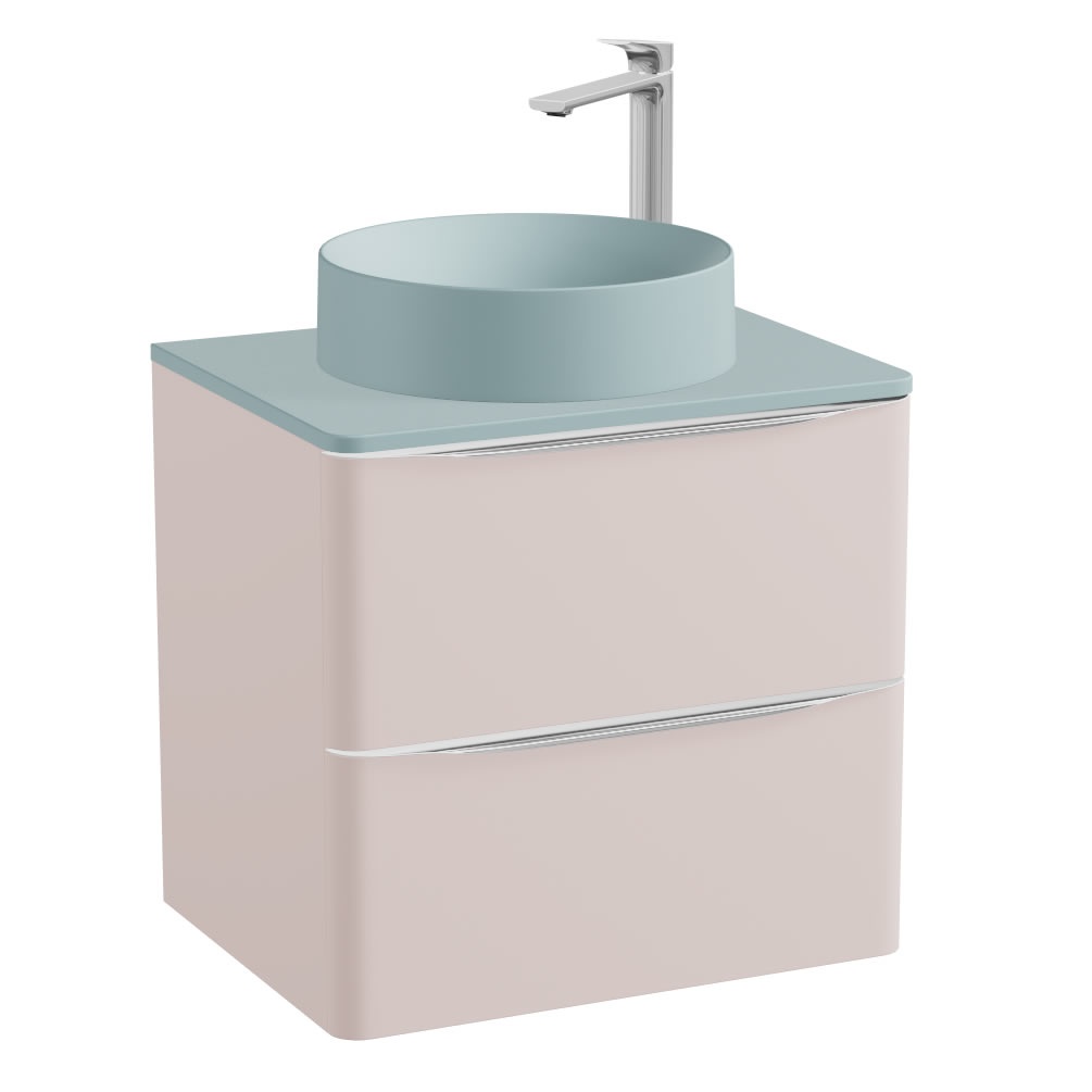 Vado Cameo 600mm Pink Clay Wall Hung 2 Drawer Vanity Unit, Blue Cove Worktop & Basin