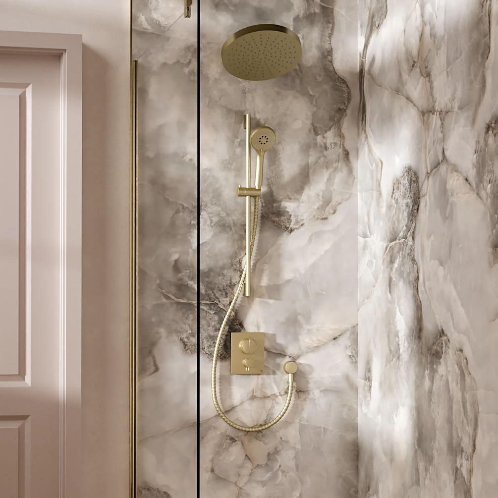 Lifestyle image of Crosswater Crossbox Brushed Brass Dual Outlet Revive Slide Rail Shower Set