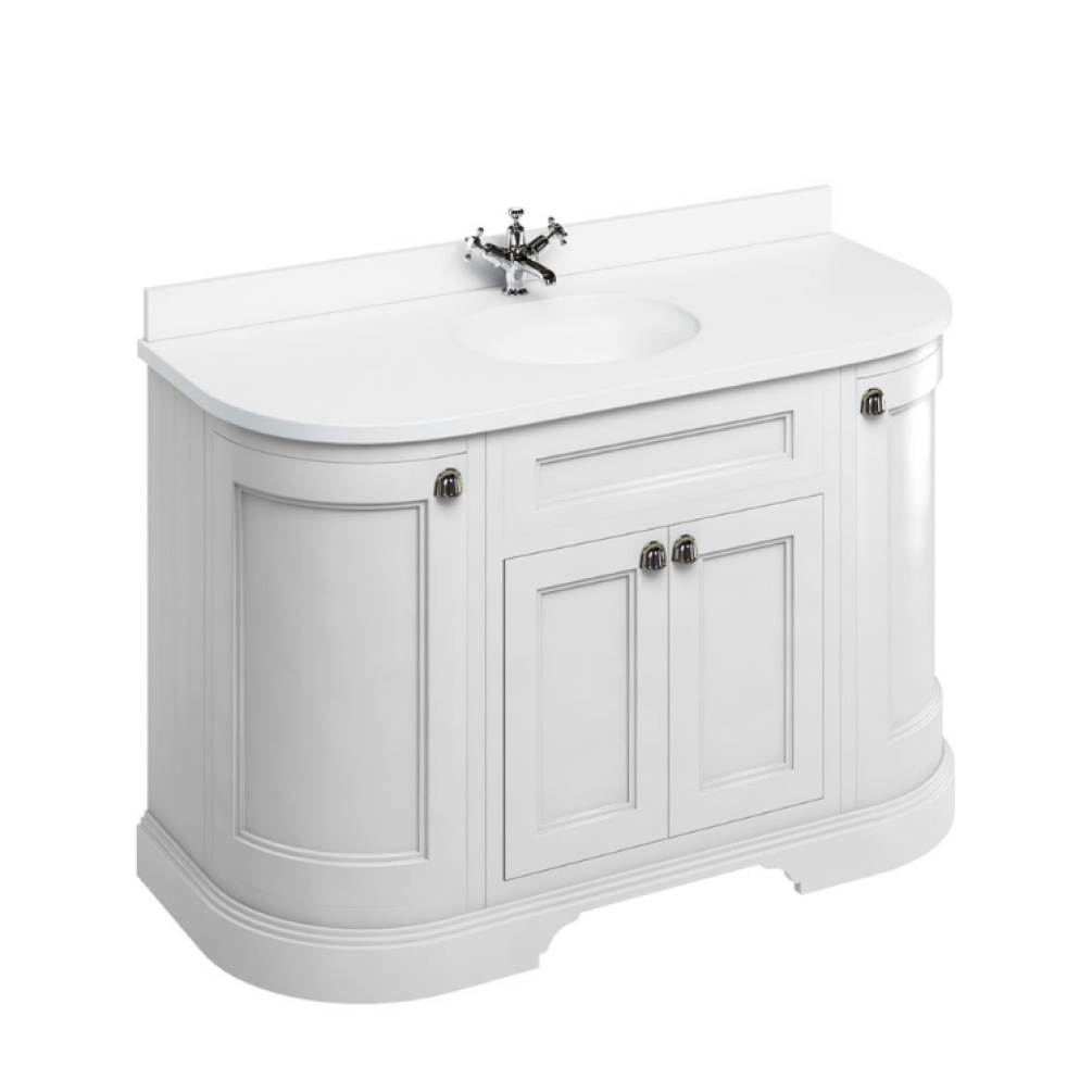 Product Cut out image of the Burlington Minerva 1340mm Curved Worktop & Matt White Freestanding Vanity Unit with Doors with white worktop