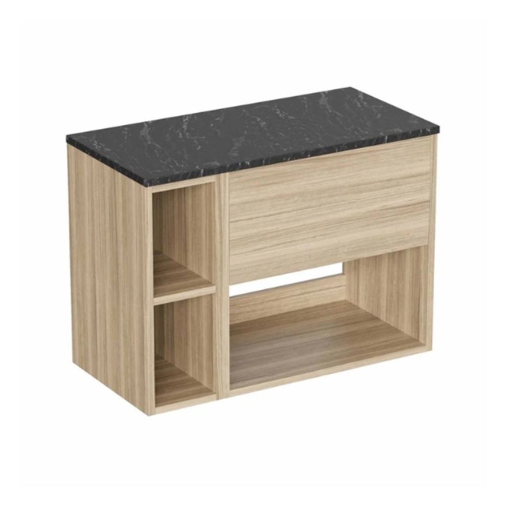 Cut out image of the Britton Hackney Cherry Wood 800mm Wall Hung Vanity Unit with Marquina Worktop & Shelf Unit
