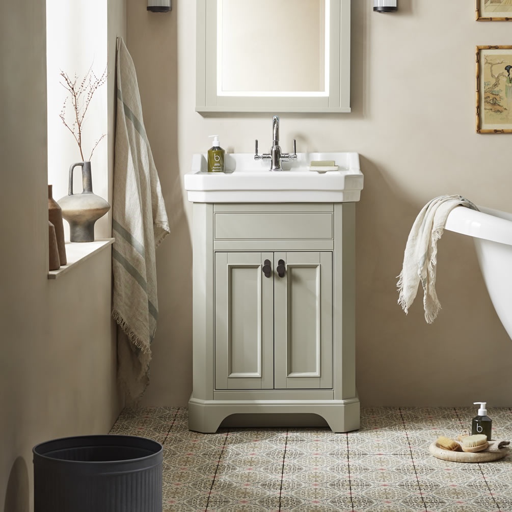 Tavistock Vitoria 600mm Matt Pebble Grey Freestanding Unit & Basin - Lifestyle Image 1