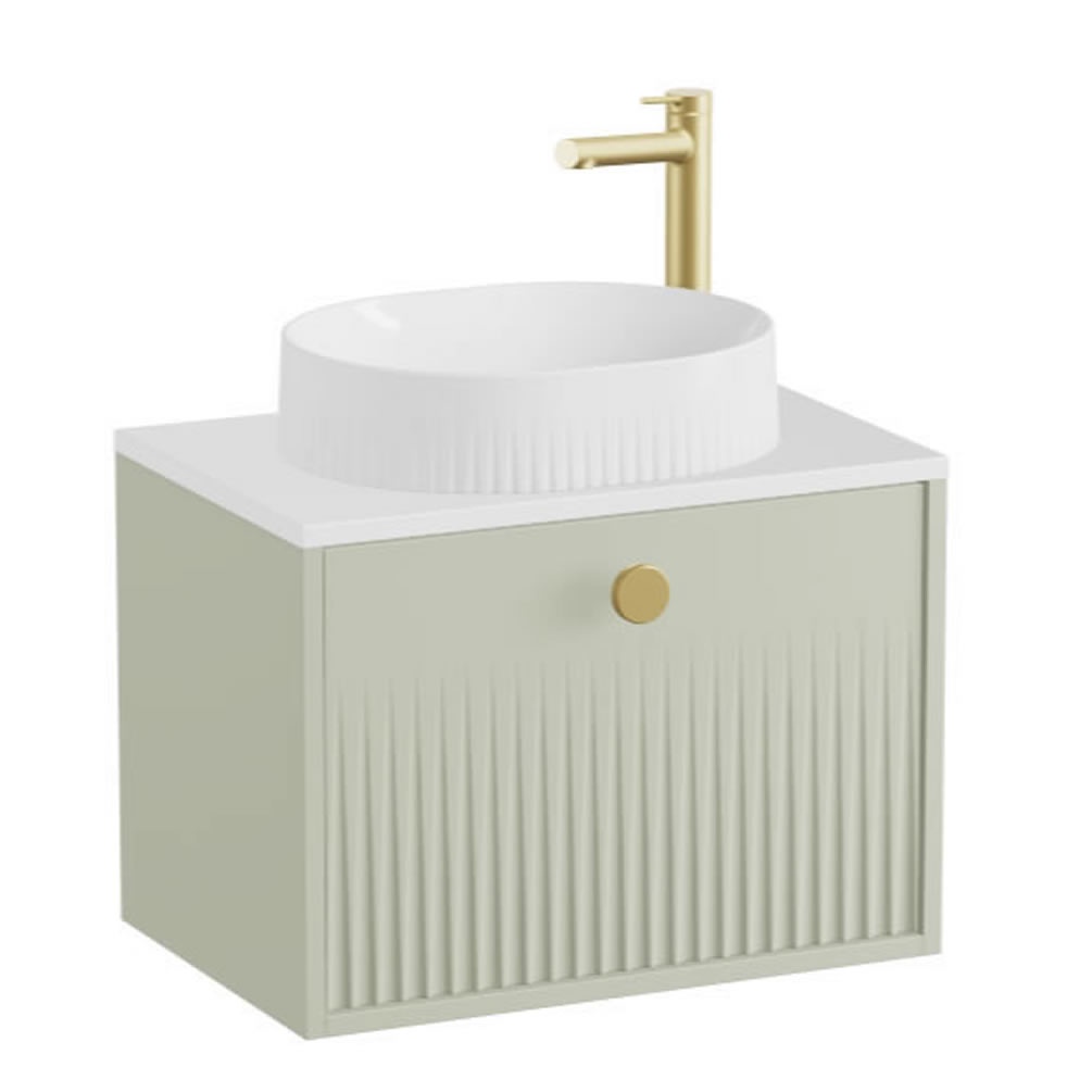 Vado Safari Fluted 600mm Sage Green Wall Hung Vanity Unit & Gloss White Worktop
