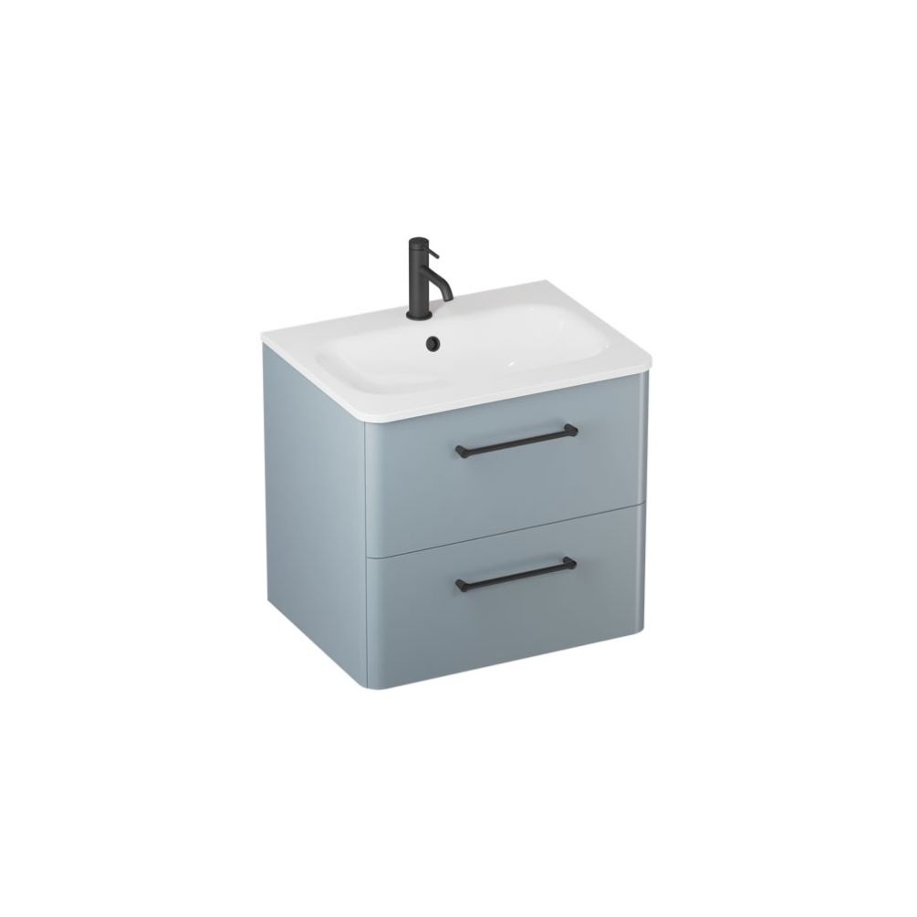 Image of Britton Camberwell 600mm double-drawer unit with basin in dusty Blue with matt black handles
