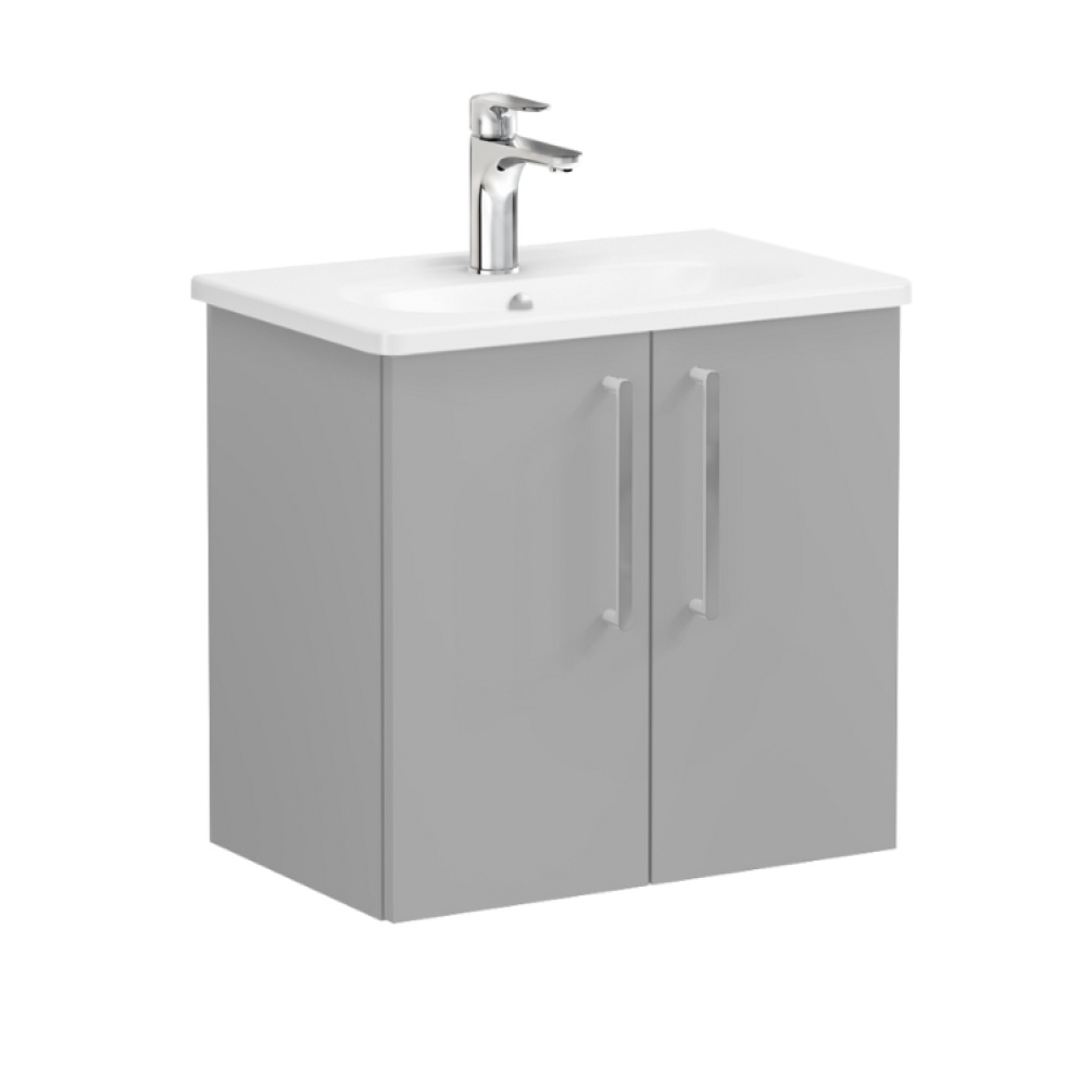 Product Cut out image of VitrA Root Flat Rock Grey 600mm Washbasin Unit 67876 with chrome handles
