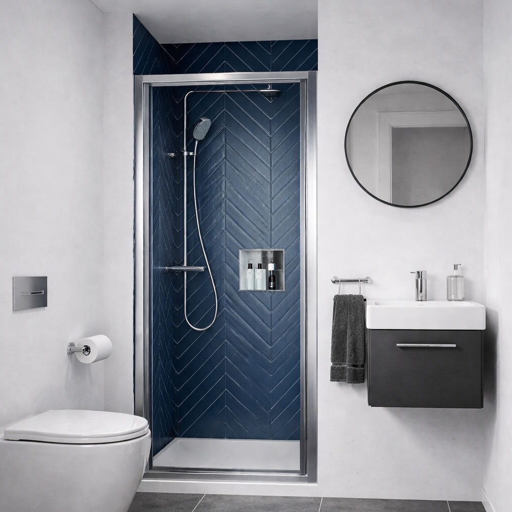 Lifestyle image of Dune Chrome 1000mm Pivot Shower Door